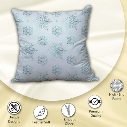 Elegant White and Blue Satin Cushion Cover - Snow Pattern with Zipper Closure