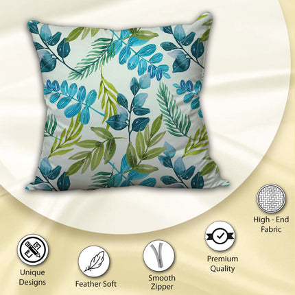 Luxury Blue Flower with Green Leaves Satin Cushion Cover with Zipper Closure