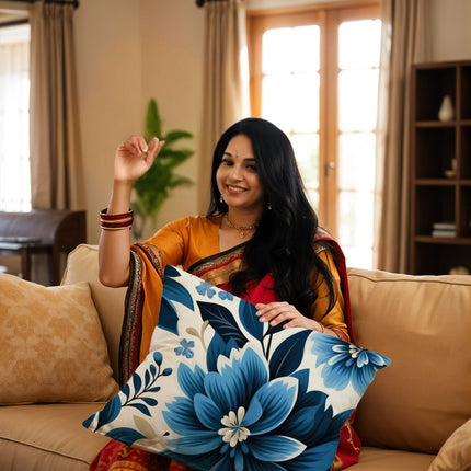 Luxury Blue Satin Silk Cushion Cover - Floral Print with Zipper Closure