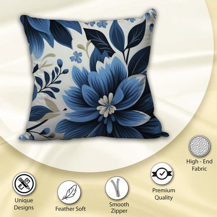 Luxury Blue Satin Silk Cushion Cover - Floral Print with Zipper Closure
