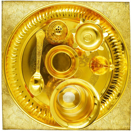 Special Designer Golden Puja Thali for Set Return Gift (10inch) Gold Plated  (7 Pieces, Gold)