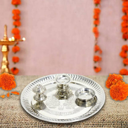 Pooja Thali for Diwali, Navratri, Dhanteras - Stainless Steel Thali - Traditional Puja Plate for Festivals and Rituals