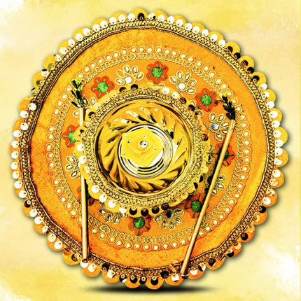 Decorative Platter with Bowls for Haldi Function – Blessed Haldi Function Thali in Steel (1 Piece, Yellow) – Wedding Ritual Haldi Thali