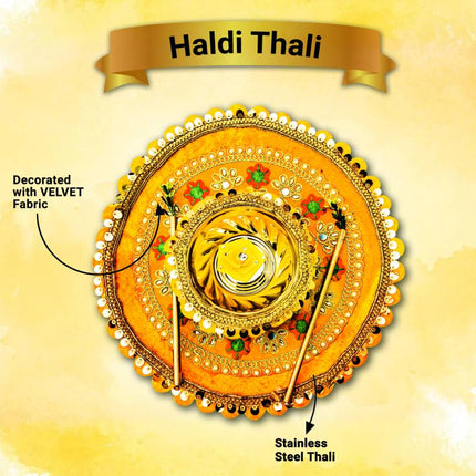 Decorative Platter with Bowls for Haldi Function – Blessed Haldi Function Thali in Steel (1 Piece, Yellow) – Wedding Ritual Haldi Thali