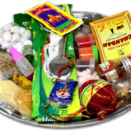 Puja Kit Thali for Navratri Pujan, Diwali Laxmi Pujan, Ganesh Pujan - Steel Thali (31 Pieces, Steel)