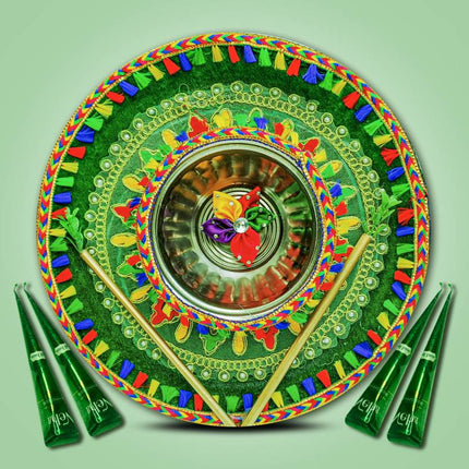 Mehendi Ceremony Platter with Bowl - Pre-Wedding Ceremony Decor Item - Steel Platter (1 Piece, Green) - Traditional Mehendi Thali for Mehendi Functions