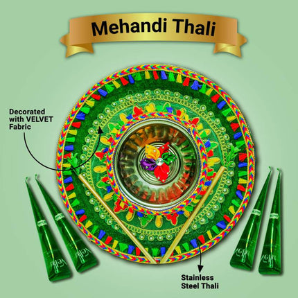 Mehendi Ceremony Platter with Bowl - Pre-Wedding Ceremony Decor Item - Steel Platter (1 Piece, Green) - Traditional Mehendi Thali for Mehendi Functions