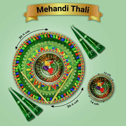 Mehendi Ceremony Platter with Bowl - Pre-Wedding Ceremony Decor Item - Steel Platter (1 Piece, Green) - Traditional Mehendi Thali for Mehendi Functions