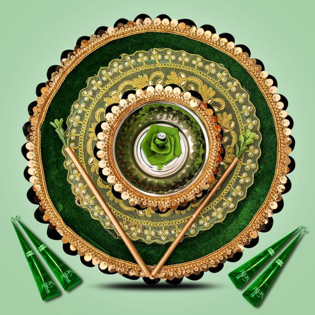 Beautiful Handmade Mehndi Thali - Decorated with Floral and Mirror Work - Steel Thali (1 Piece, Green) - Elegant Mehendi Ceremony Platter