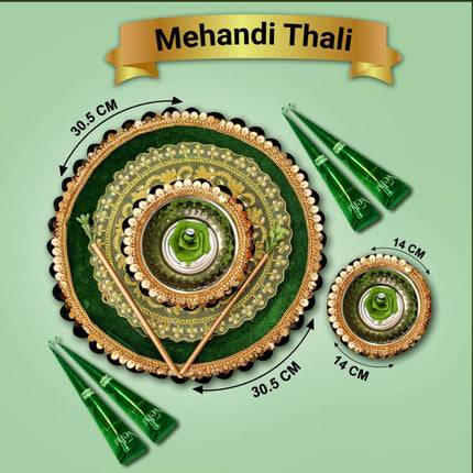 Beautiful Handmade Mehndi Thali - Decorated with Floral and Mirror Work - Steel Thali (1 Piece, Green) - Elegant Mehendi Ceremony Platter