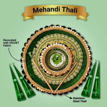 Beautiful Handmade Mehndi Thali - Decorated with Floral and Mirror Work - Steel Thali (1 Piece, Green) - Elegant Mehendi Ceremony Platter