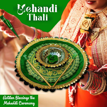 Beautiful Handmade Mehndi Thali - Decorated with Floral and Mirror Work - Steel Thali (1 Piece, Green) - Elegant Mehendi Ceremony Platter