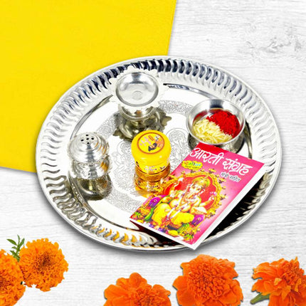 Pooja Thali for Diwali, Navratri, Dhanteras - Stainless Steel Thali - Traditional Puja Plate for Festivals and Rituals