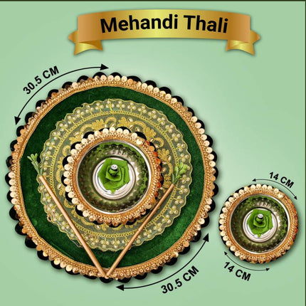 Handmade Decorative Mehndi Thali - Mehendi Platter with Floral Arrangement - Steel Thali (1 Piece, Green)