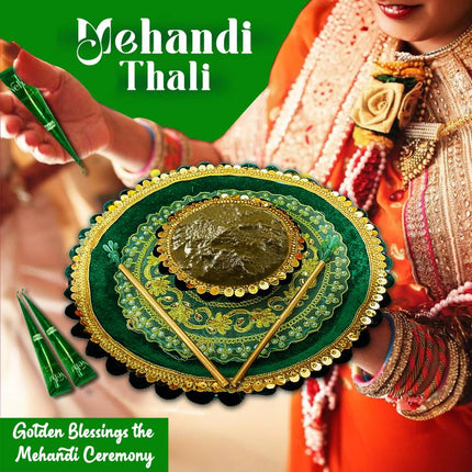 Handmade Decorative Mehndi Thali - Mehendi Platter with Floral Arrangement - Steel Thali (1 Piece, Green)
