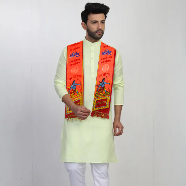Traditional Ram Patka for Religious Festivities Printed Satin Blend Scarf for Men & Women