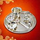 Silver Color Plated Pooja tHali set for Diwali Pooja, Navratri Pujan Silver Plated 